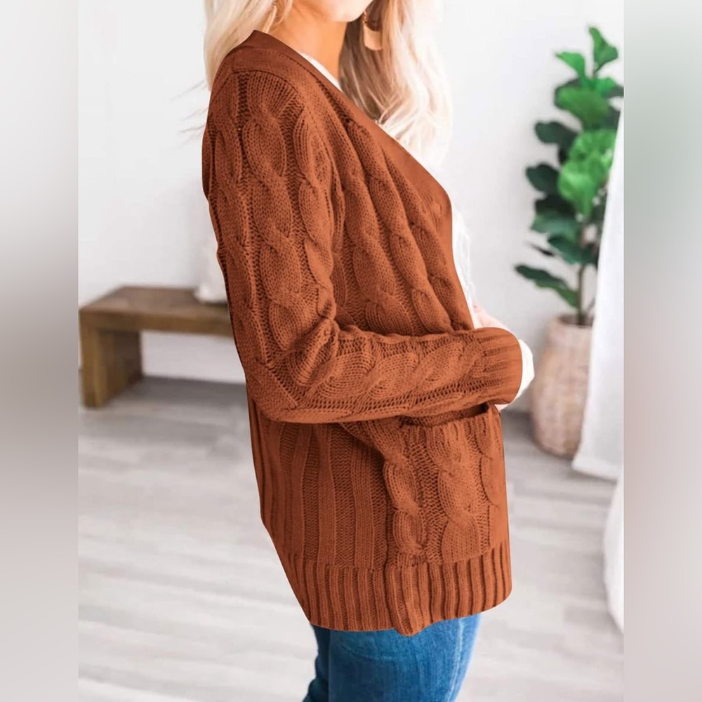 MEROKEETY Long Sleeve Cable Knit  Open Front Cardigan Button Loose Outerwear - Picture 2 of 3